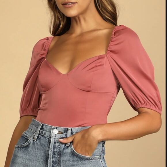 NEW Lulus Womens Sweet Personality Bodysuit XL Rose Puff Sleeve Romantic Style - Picture 1 of 10
